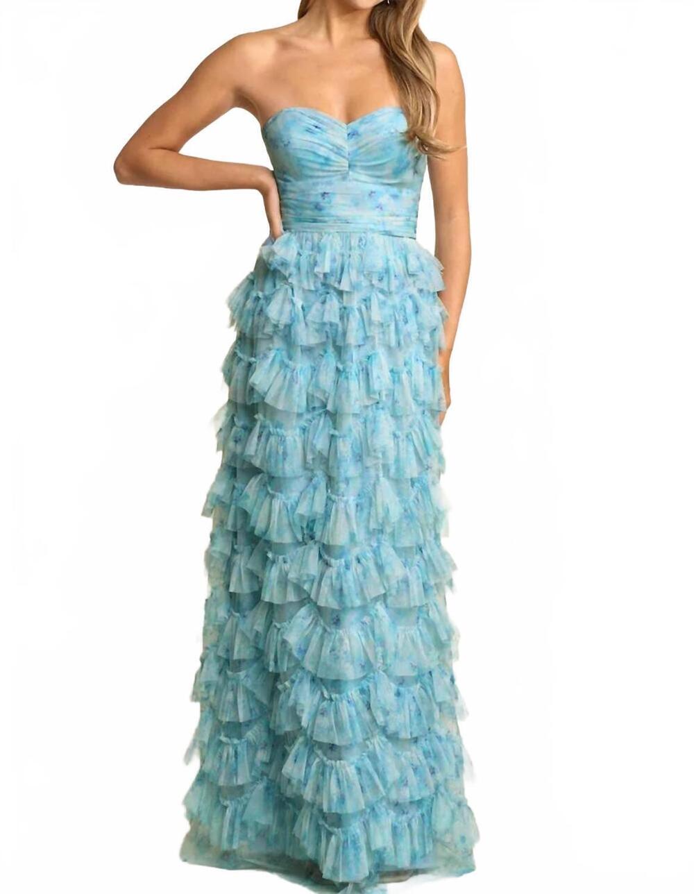 NEW MANIJU strapless ruffle layered maxi dress in blue